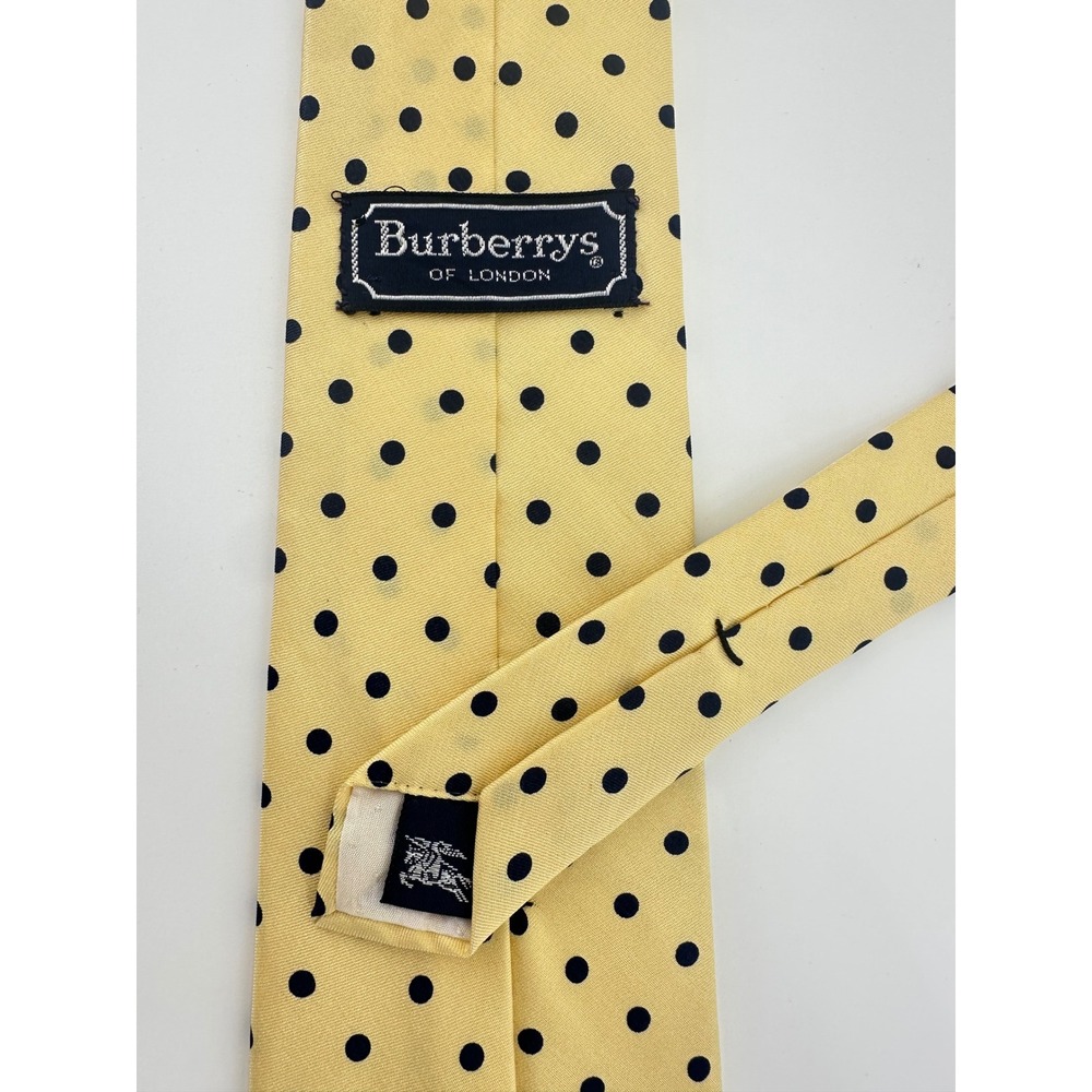 Vintage Burberrys of London Mens Silk Tie Yellow Navy Blue Polka Dot Made in UK